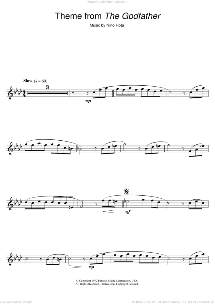 Theme from The Godfather sheet music for flute solo by Nino Rota, intermediate skill level