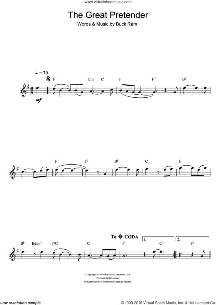 The Great Pretender sheet music for clarinet solo by The Platters and Buck Ram, intermediate skill level