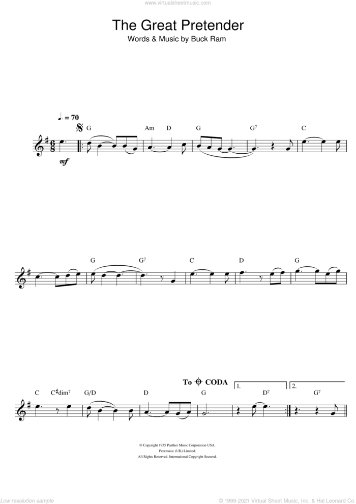 The Great Pretender sheet music for flute solo by The Platters and Buck Ram, intermediate skill level