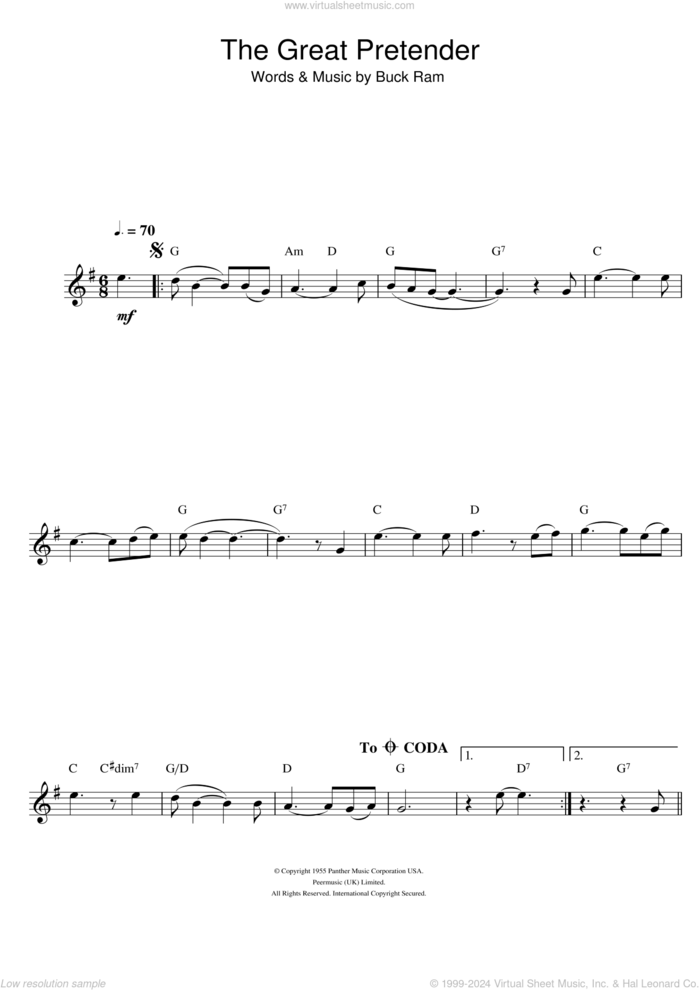 The Great Pretender sheet music for flute solo by The Platters and Buck Ram, intermediate skill level