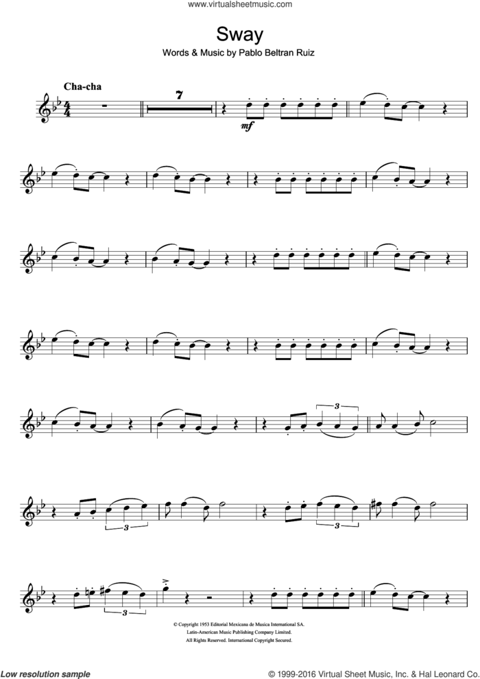 Sway (Quien Sera) sheet music for clarinet solo by Pablo Beltran Ruiz, intermediate skill level