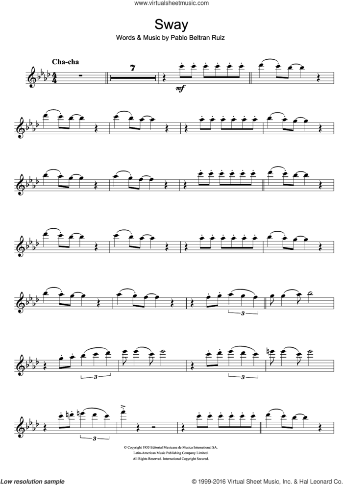 Sway (Quien Sera) sheet music for flute solo by Pablo Beltran Ruiz, intermediate skill level