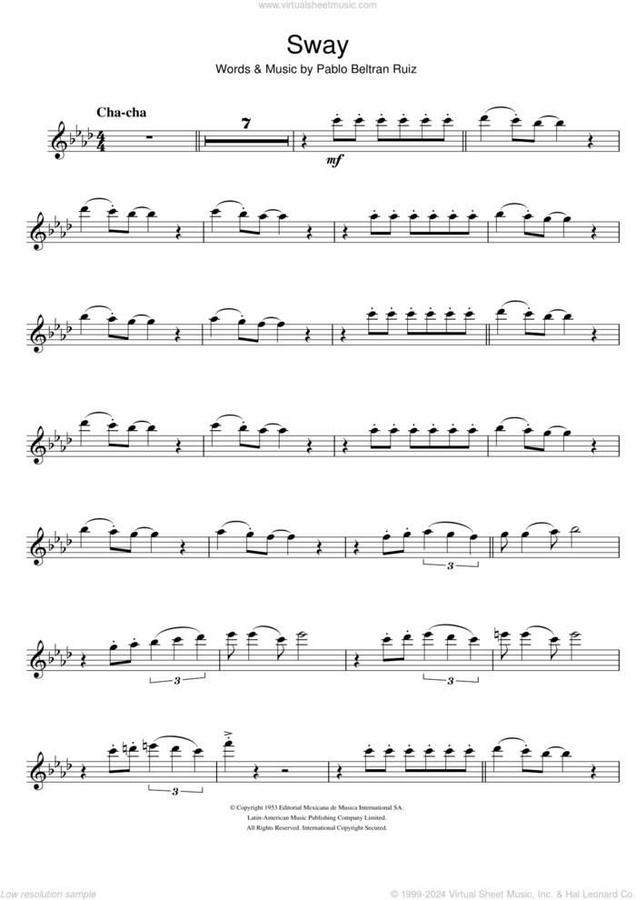 Sway (Quien Sera) sheet music for flute solo by Pablo Beltran Ruiz, intermediate skill level