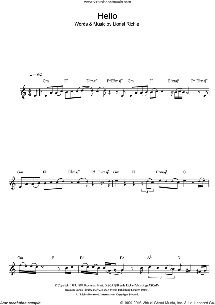 Hello sheet music for clarinet solo by Lionel Richie, intermediate skill level