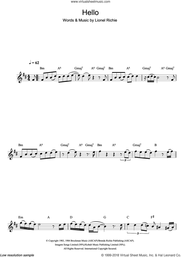 Hello sheet music for flute solo by Lionel Richie, intermediate skill level