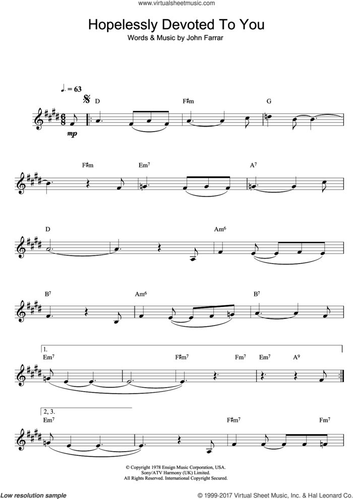 Hopelessly Devoted To You (from Grease) sheet music for clarinet solo by Olivia Newton-John and John Farrar, intermediate skill level