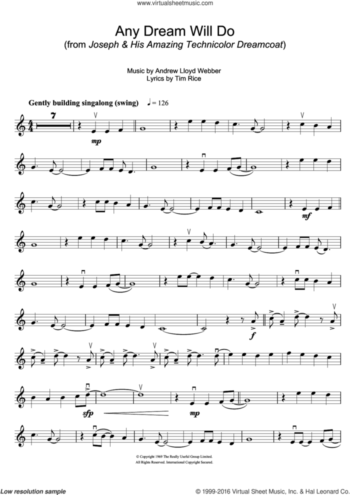 Any Dream Will Do (from Joseph And The Amazing Technicolor Dreamcoat) sheet music for violin solo by Andrew Lloyd Webber and Tim Rice, intermediate skill level