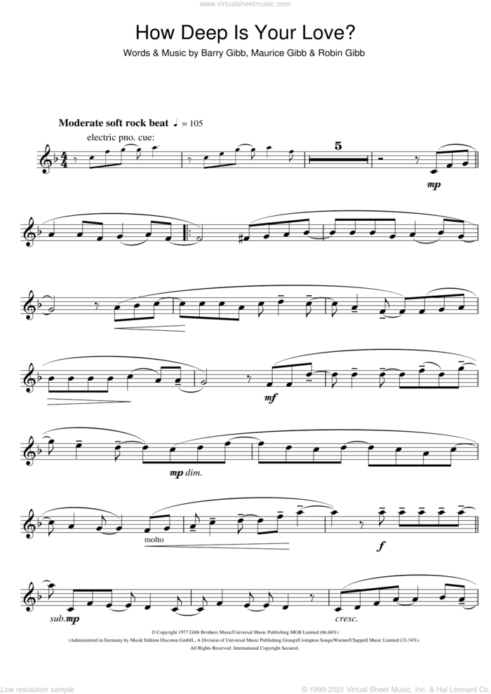 How Deep Is Your Love sheet music for flute solo by Bee Gees, Barry Gibb, Maurice Gibb and Robin Gibb, intermediate skill level