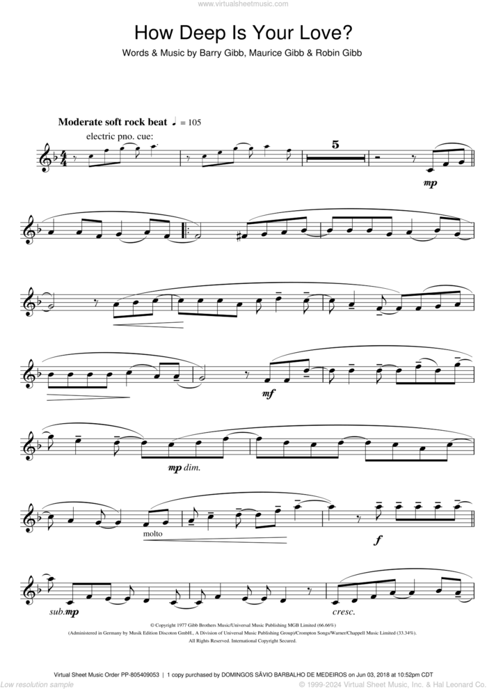 How Deep Is Your Love sheet music for flute solo by Bee Gees, Barry Gibb, Maurice Gibb and Robin Gibb, intermediate skill level