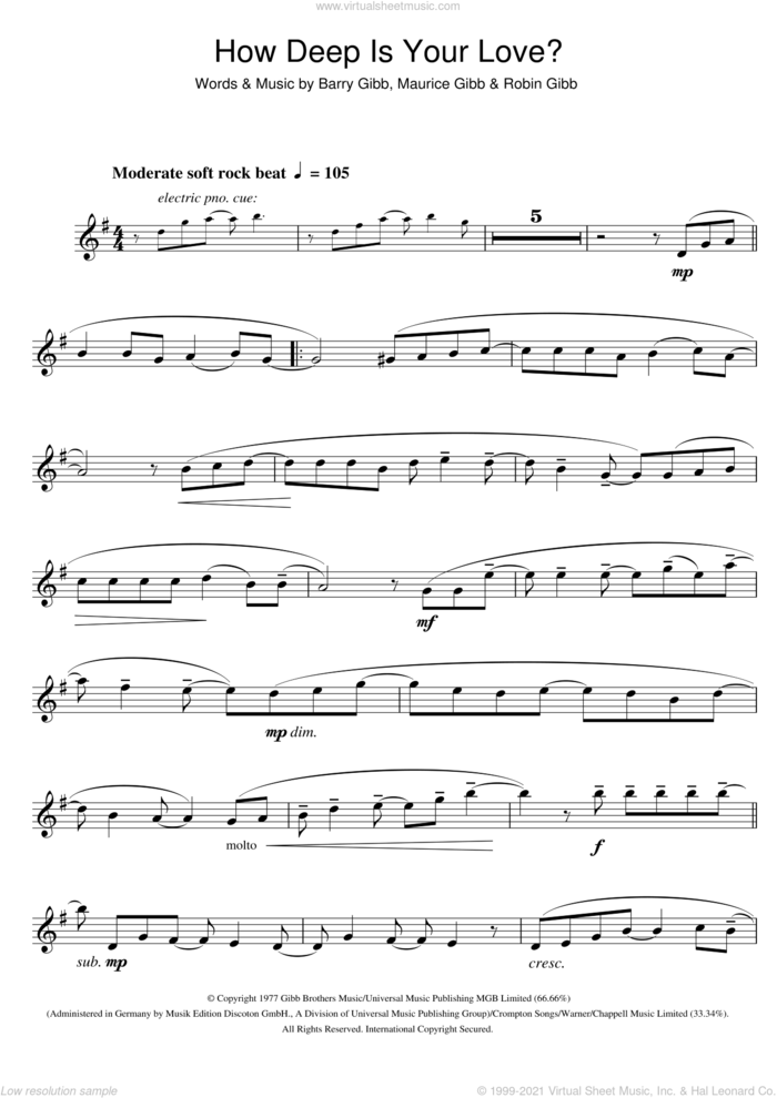 How Deep Is Your Love sheet music for tenor saxophone solo by Bee Gees, Barry Gibb, Maurice Gibb and Robin Gibb, intermediate skill level