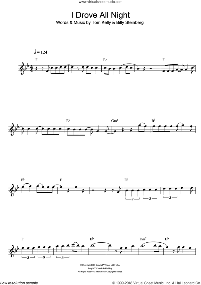 I Drove All Night sheet music for flute solo by Roy Orbison, Billy Steinberg and Tom Kelly, intermediate skill level