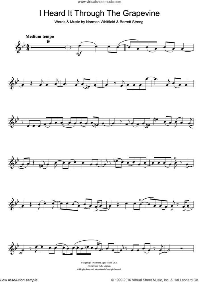 I Heard It Through The Grapevine sheet music for clarinet solo by Marvin Gaye, Otis Redding, Barrett Strong and Norman Whitfield, intermediate skill level