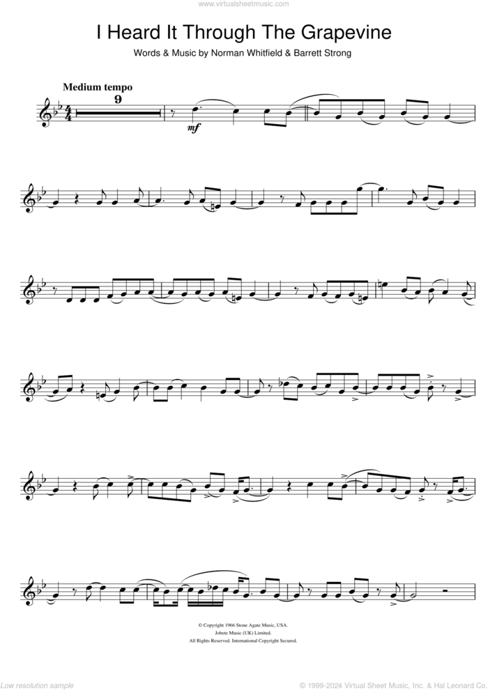 I Heard It Through The Grapevine sheet music for clarinet solo by Marvin Gaye, Otis Redding, Barrett Strong and Norman Whitfield, intermediate skill level