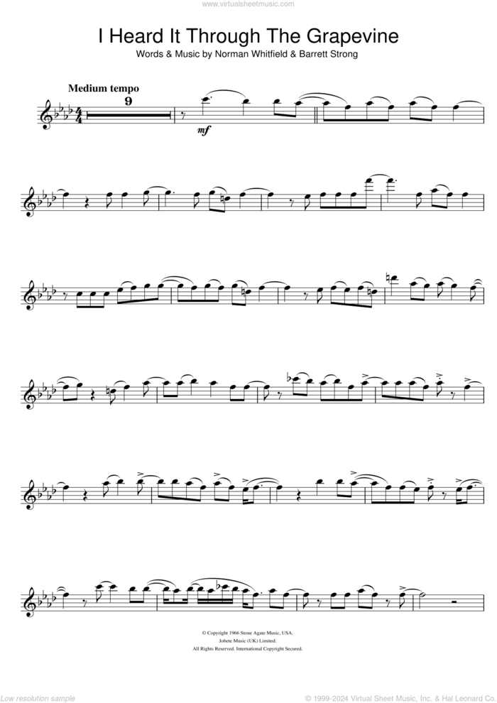 I Heard It Through The Grapevine sheet music for flute solo by Marvin Gaye, Otis Redding, Barrett Strong and Norman Whitfield, intermediate skill level