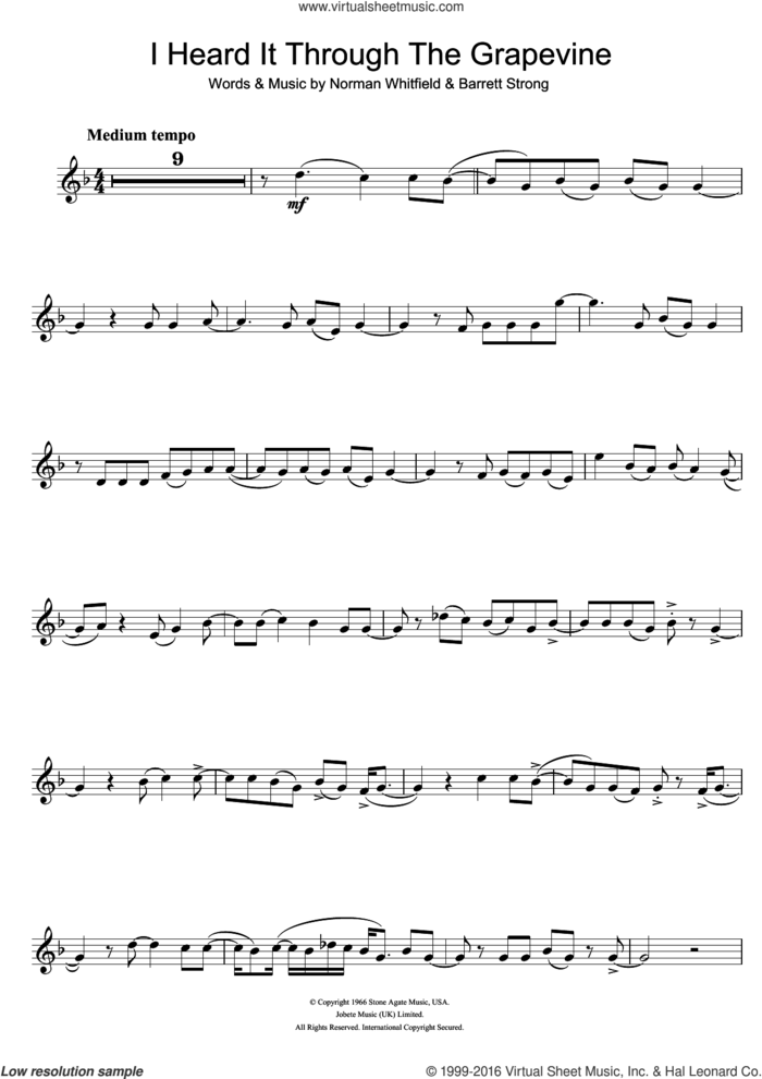 I Heard It Through The Grapevine sheet music for trumpet solo by Marvin Gaye, Otis Redding, Barrett Strong and Norman Whitfield, intermediate skill level
