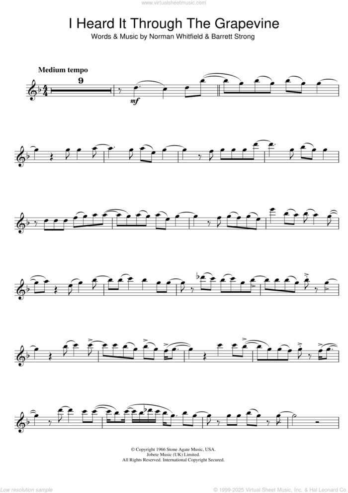 I Heard It Through The Grapevine sheet music for tenor saxophone solo by Marvin Gaye, Otis Redding, Barrett Strong and Norman Whitfield, intermediate skill level