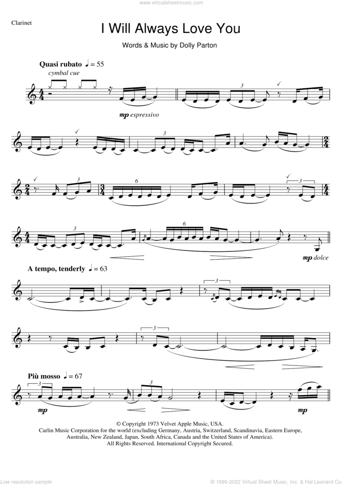 I Will Always Love You sheet music for clarinet solo by Whitney Houston and Dolly Parton, wedding score, intermediate skill level