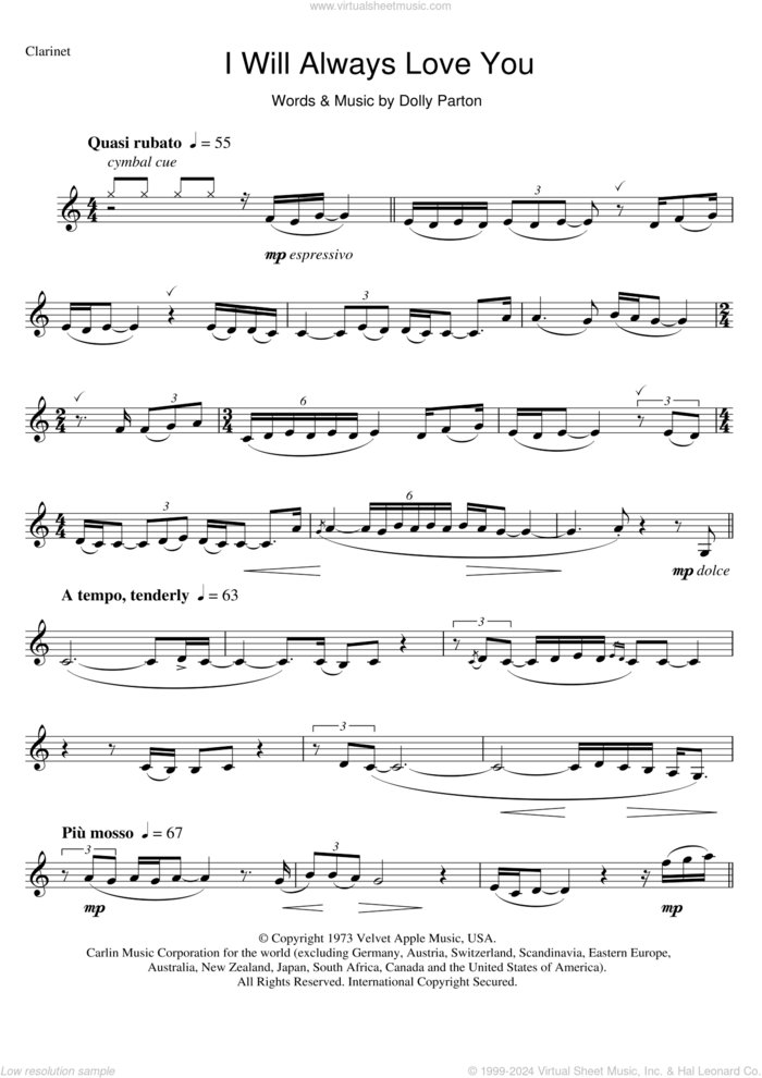 I Will Always Love You sheet music for clarinet solo by Whitney Houston and Dolly Parton, wedding score, intermediate skill level