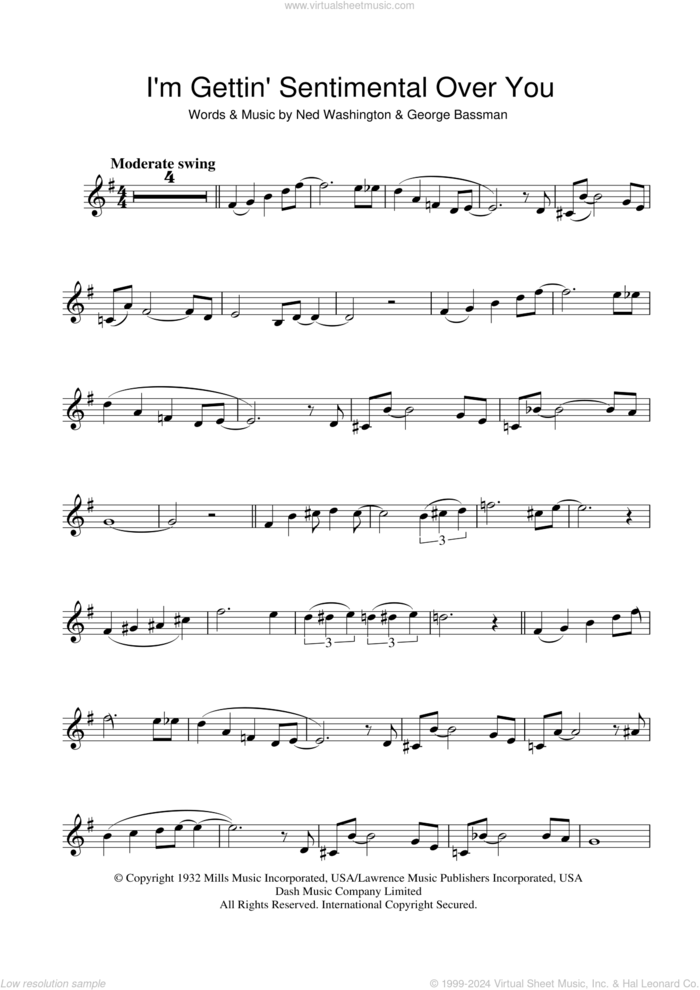 I'm Gettin' Sentimental Over You sheet music for clarinet solo by Frank Sinatra, George Bassman and Ned Washington, intermediate skill level