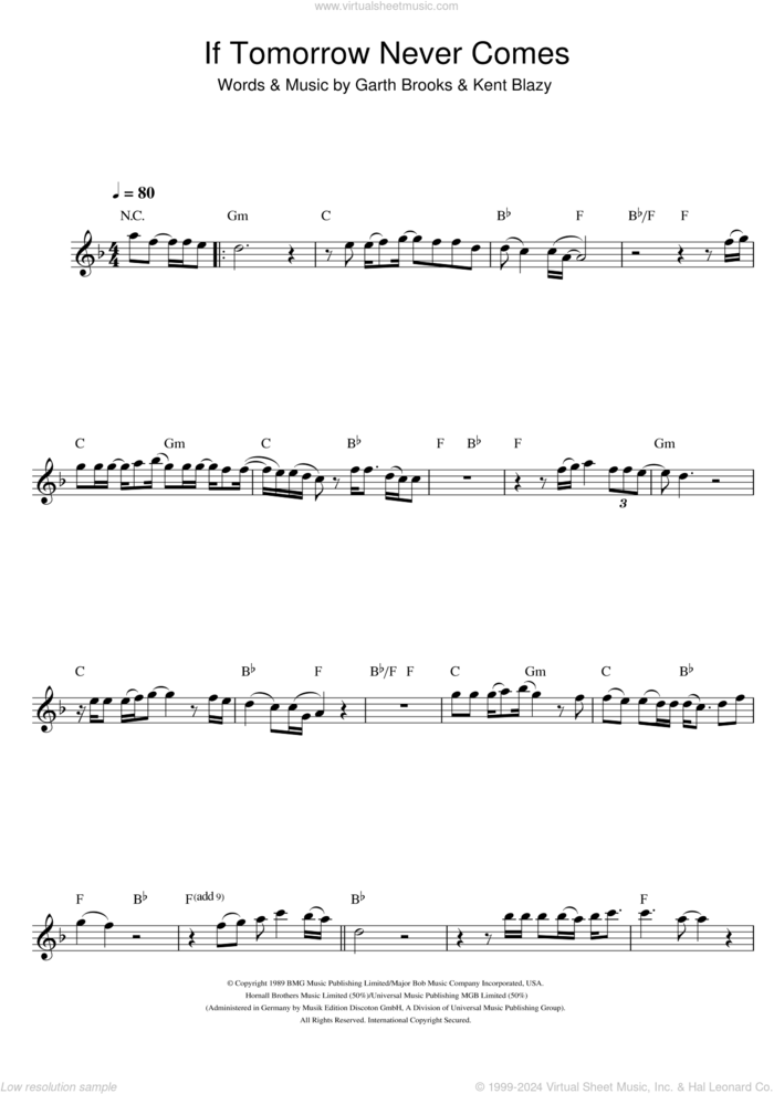 If Tomorrow Never Comes sheet music for flute solo by Ronan Keating, Garth Brooks and Kent Blazy, intermediate skill level