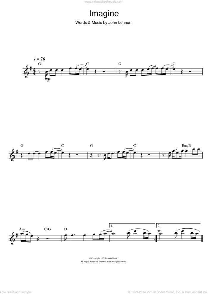 Imagine sheet music for flute solo by John Lennon, intermediate skill level