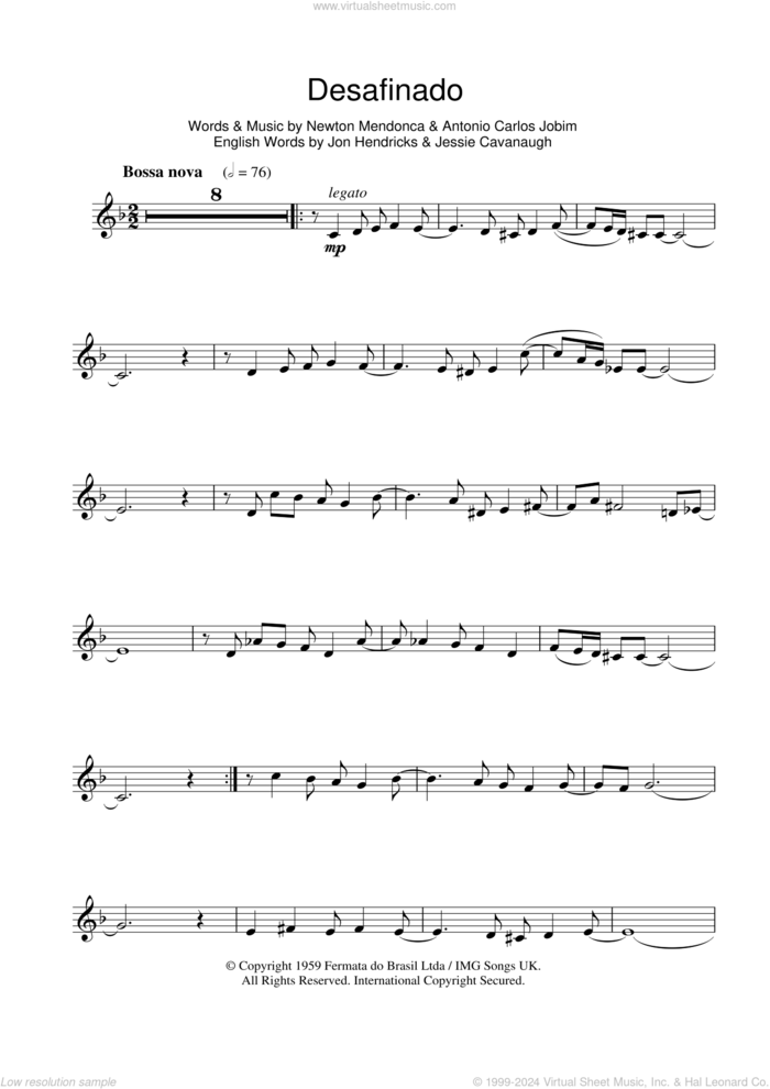 Desafinado (Slightly Out Of Tune) sheet music for clarinet solo by Antonio Carlos Jobim, Jessie Cavanaugh, Jon Hendricks and Newton Mendonca, intermediate skill level