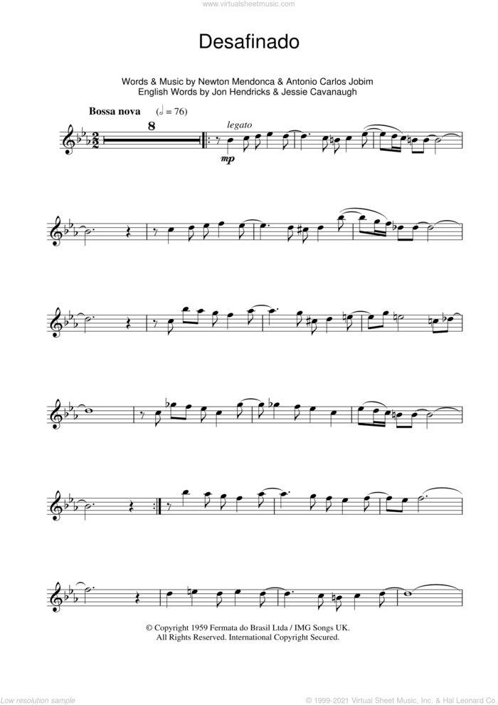 Desafinado (Slightly Out Of Tune) sheet music for flute solo by Antonio Carlos Jobim, Jessie Cavanaugh, Jon Hendricks and Newton Mendonca, intermediate skill level