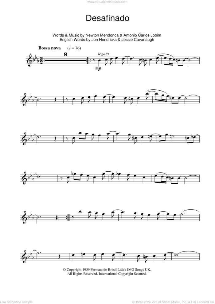 Desafinado (Slightly Out Of Tune) sheet music for flute solo by Antonio Carlos Jobim, Jessie Cavanaugh, Jon Hendricks and Newton Mendonca, intermediate skill level