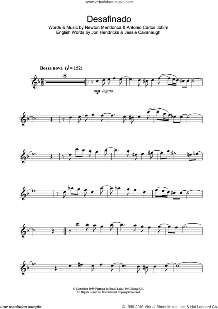 Desafinado (Slightly Out Of Tune) sheet music for tenor saxophone solo by Antonio Carlos Jobim, Jessie Cavanaugh, Jon Hendricks and Newton Mendonca, intermediate skill level