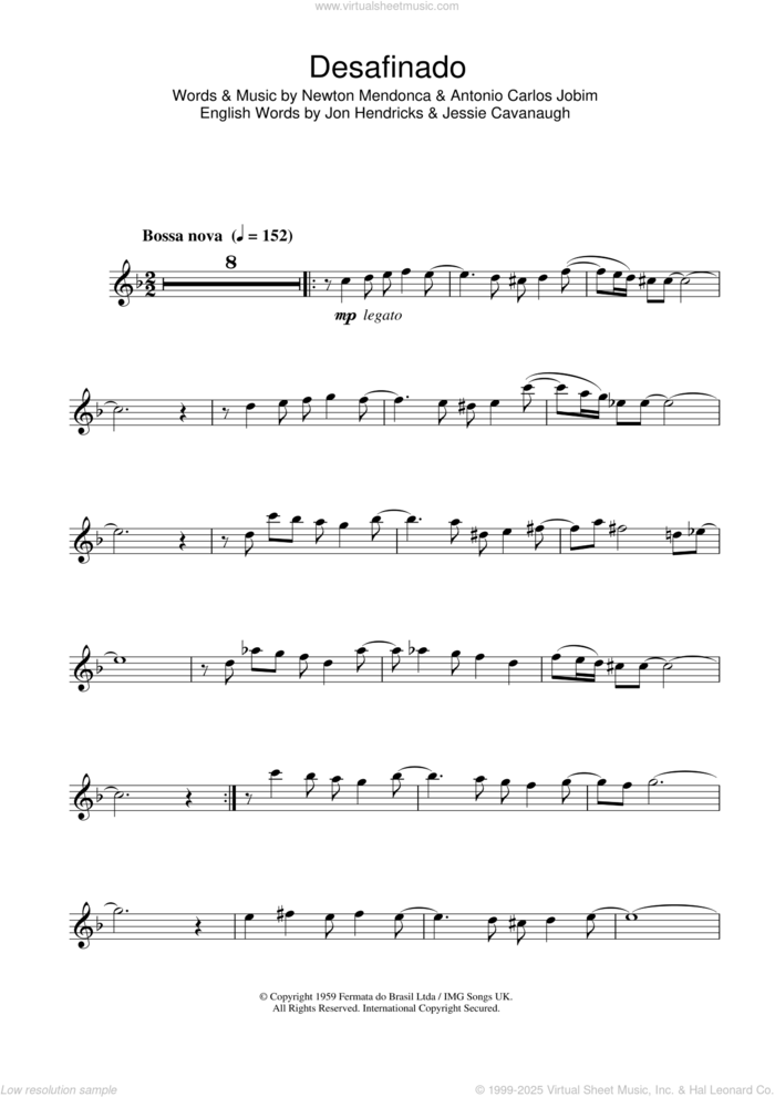 Desafinado (Slightly Out Of Tune) sheet music for tenor saxophone solo by Antonio Carlos Jobim, Jessie Cavanaugh, Jon Hendricks and Newton Mendonca, intermediate skill level