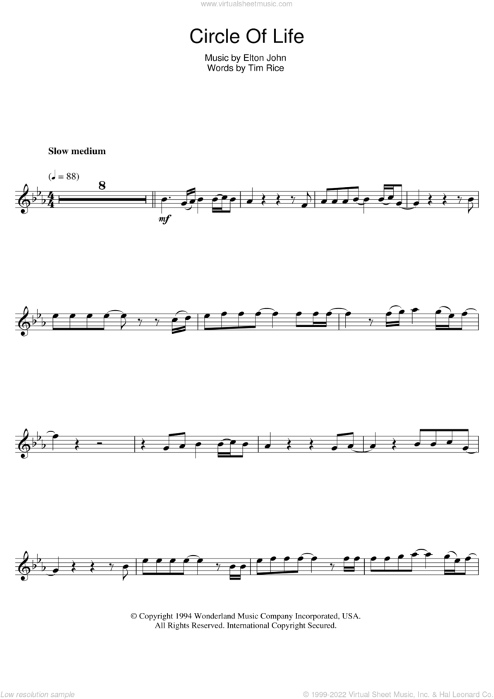 Circle Of Life (from The Lion King) sheet music for flute solo by Elton John and Tim Rice, intermediate skill level