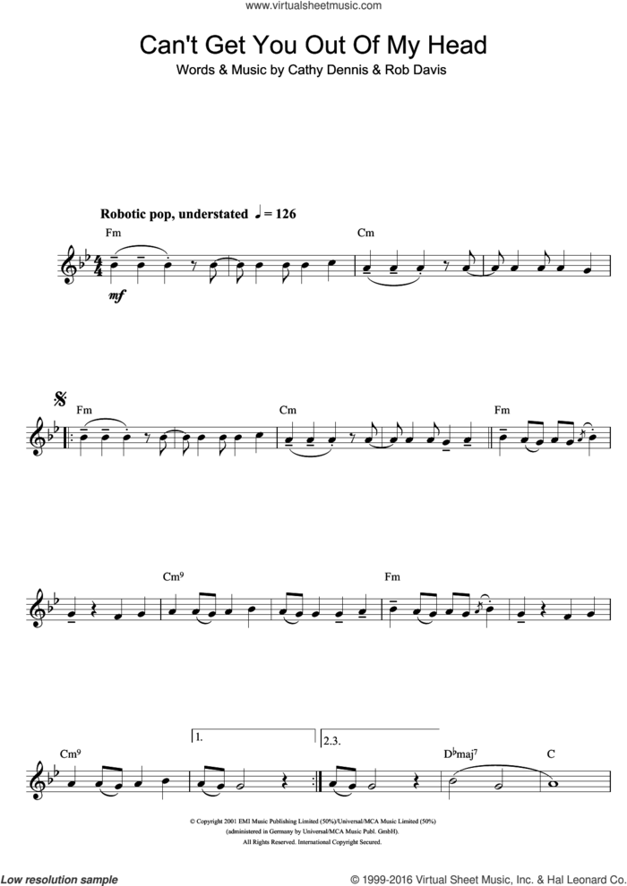 Can't Get You Out Of My Head sheet music for clarinet solo by Kylie Minogue, Cathy Dennis and Rob Davis, intermediate skill level