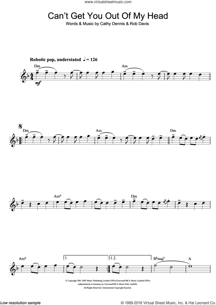 Can't Get You Out Of My Head sheet music for flute solo by Kylie Minogue, Cathy Dennis and Rob Davis, intermediate skill level