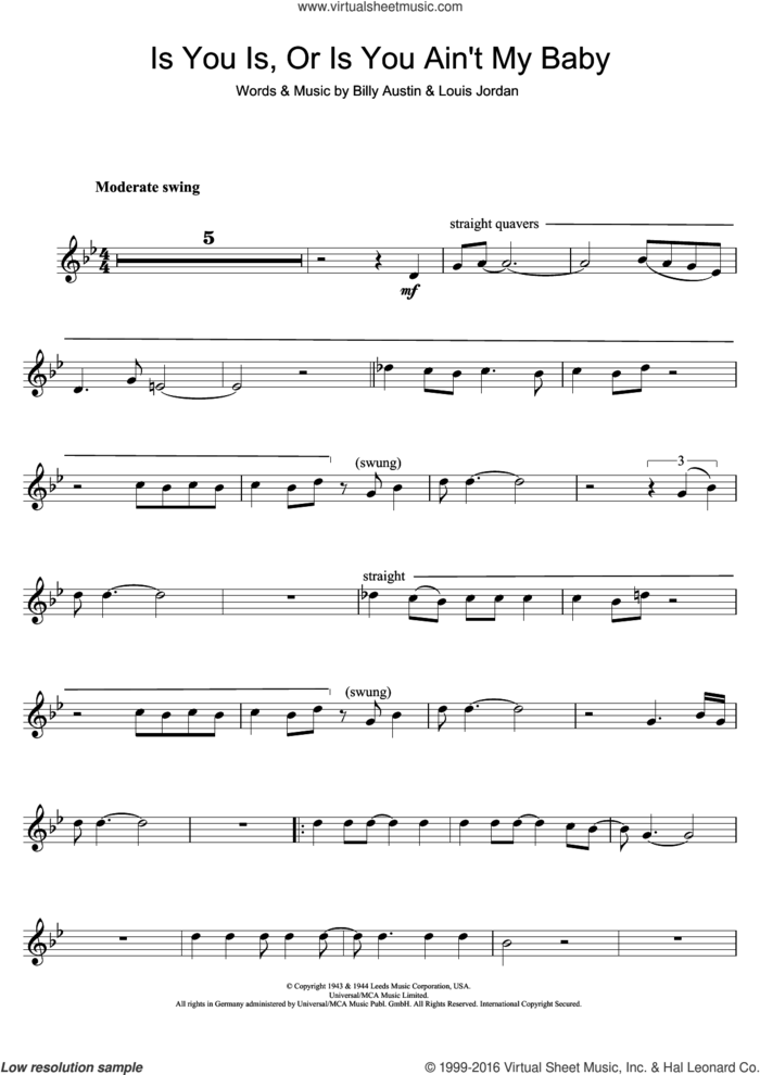 Is You Is Or Is You Ain't My Baby? sheet music for clarinet solo by Diana Krall, Billy Austin and Louis Jordan, intermediate skill level