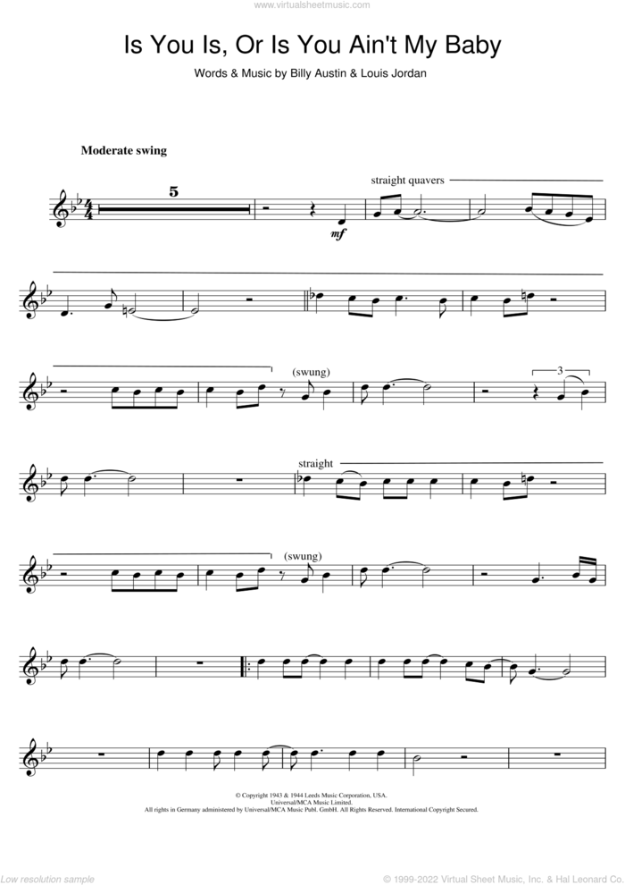 Is You Is Or Is You Ain't My Baby? sheet music for trumpet solo by Diana Krall, Billy Austin and Louis Jordan, intermediate skill level