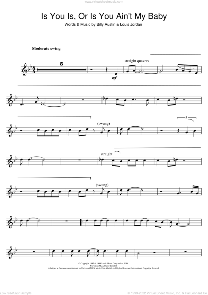 Is You Is Or Is You Ain't My Baby? sheet music for tenor saxophone solo by Diana Krall, Billy Austin and Louis Jordan, intermediate skill level