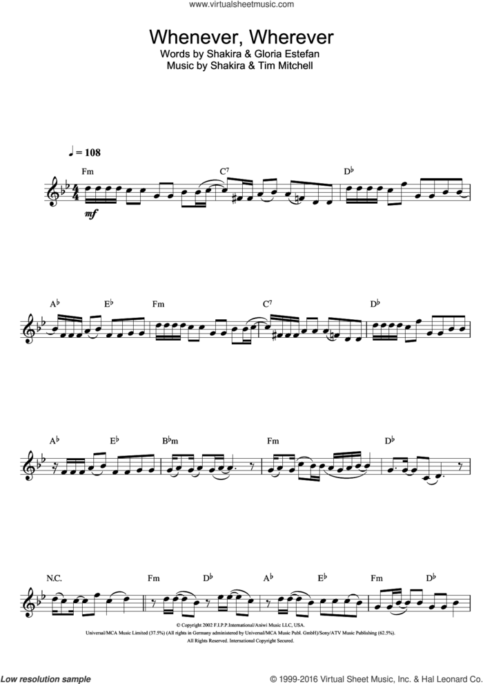 Whenever, Wherever sheet music for clarinet solo by Shakira, Gloria Estefan and Tim Mitchell, intermediate skill level