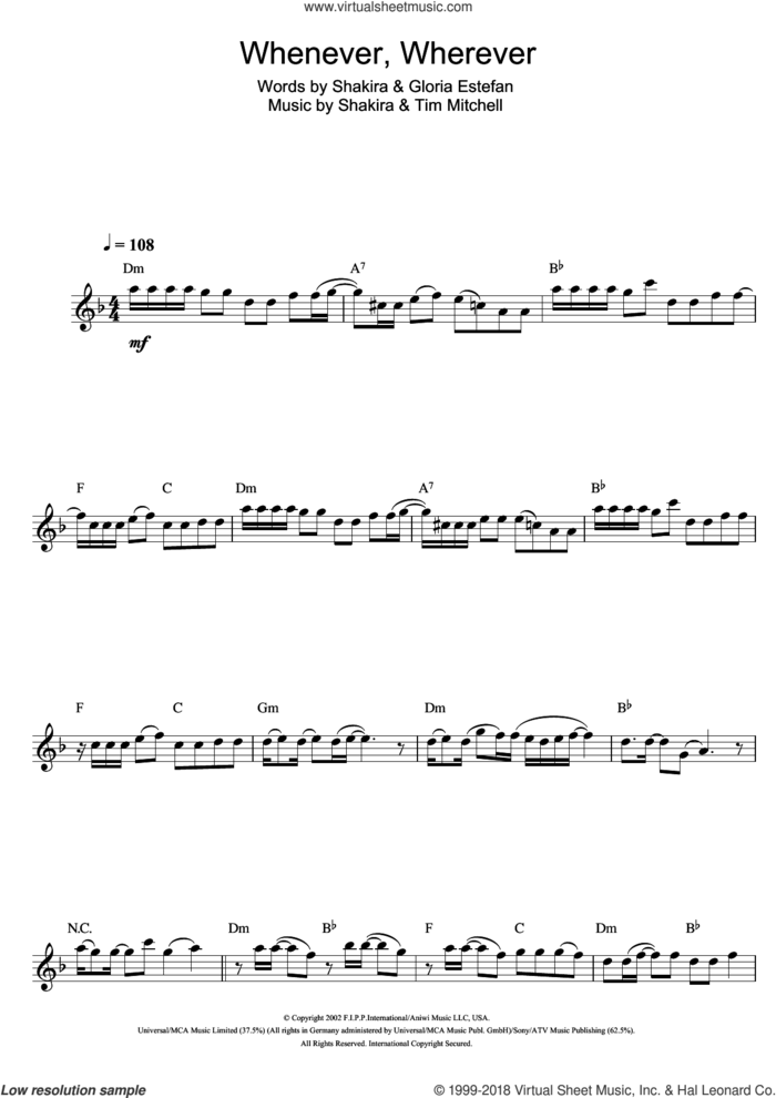 Whenever, Wherever sheet music for flute solo by Shakira, Gloria Estefan and Tim Mitchell, intermediate skill level