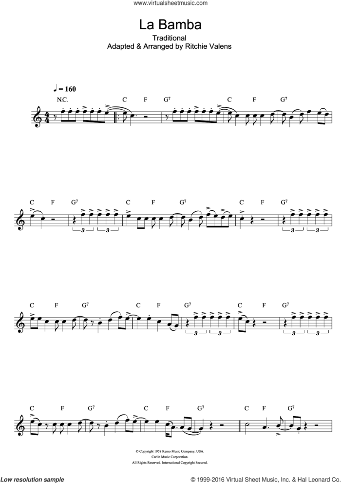 La Bamba sheet music for flute solo by Los Lobos and Miscellaneous, intermediate skill level