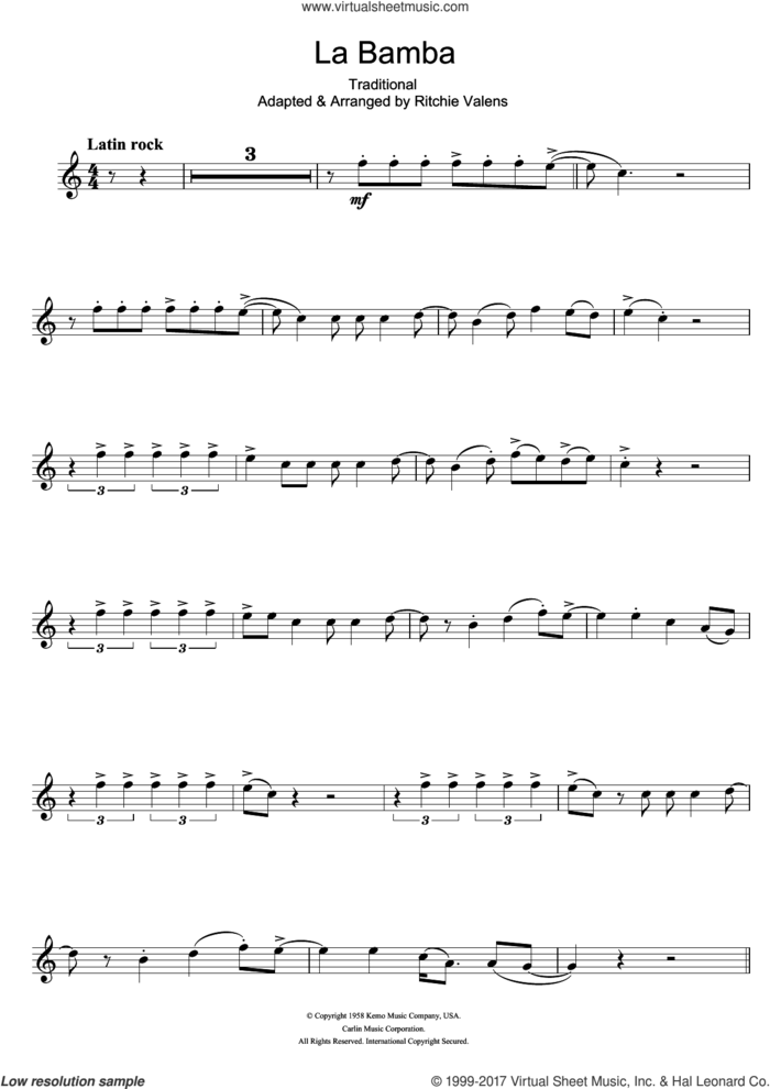 La Bamba sheet music for flute solo by Los Lobos and Miscellaneous, intermediate skill level
