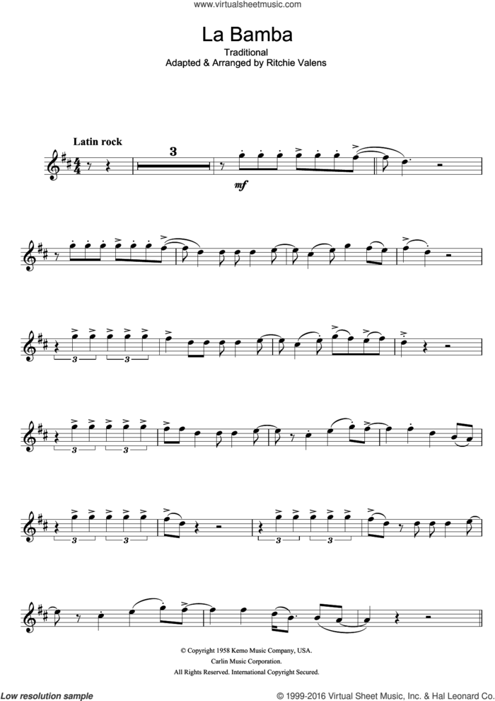 La Bamba sheet music for trumpet solo by Los Lobos and Miscellaneous, intermediate skill level