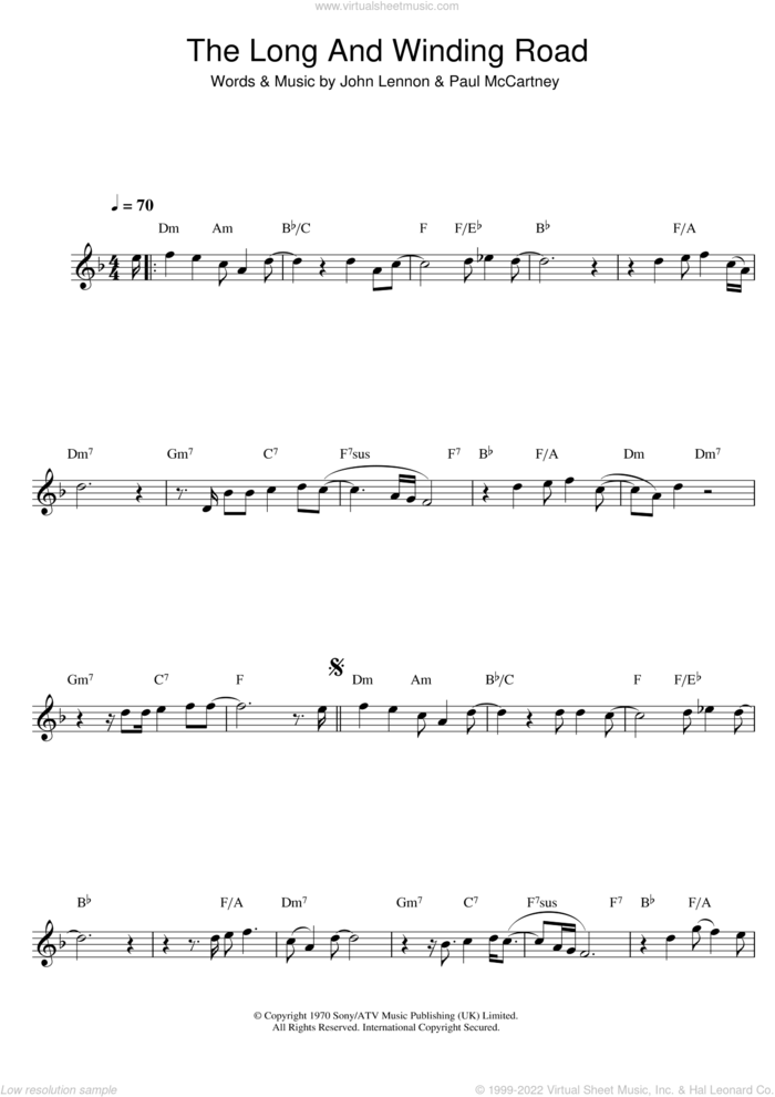 The Long And Winding Road sheet music for clarinet solo by The Beatles, Paul McCartney and John Lennon, intermediate skill level
