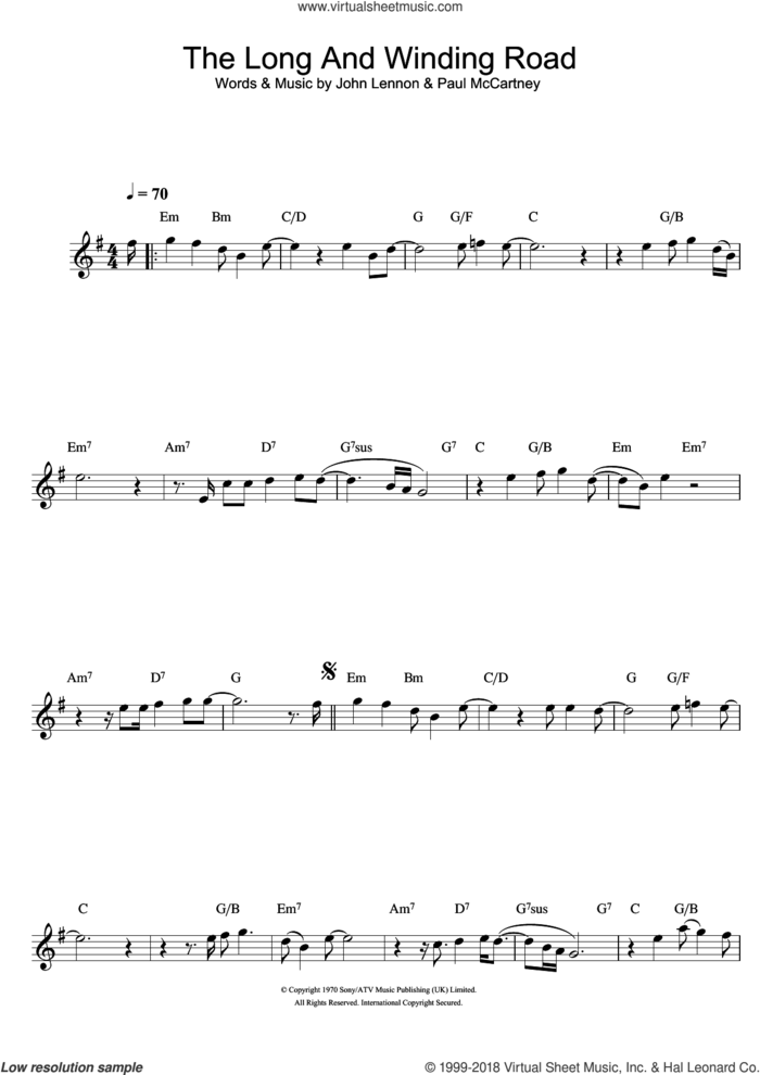 The Long And Winding Road sheet music for flute solo by The Beatles, Paul McCartney and John Lennon, intermediate skill level