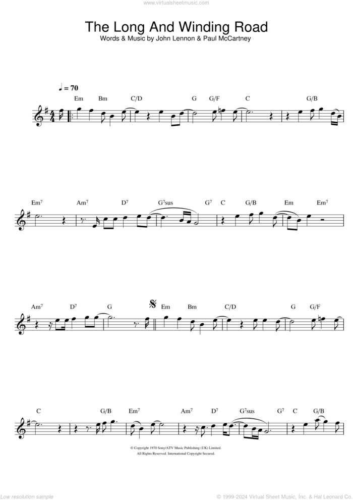 The Long And Winding Road sheet music for flute solo by The Beatles, Paul McCartney and John Lennon, intermediate skill level