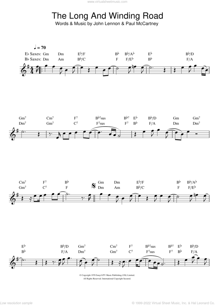 The Long And Winding Road sheet music for saxophone solo by The Beatles, Paul McCartney and John Lennon, intermediate skill level