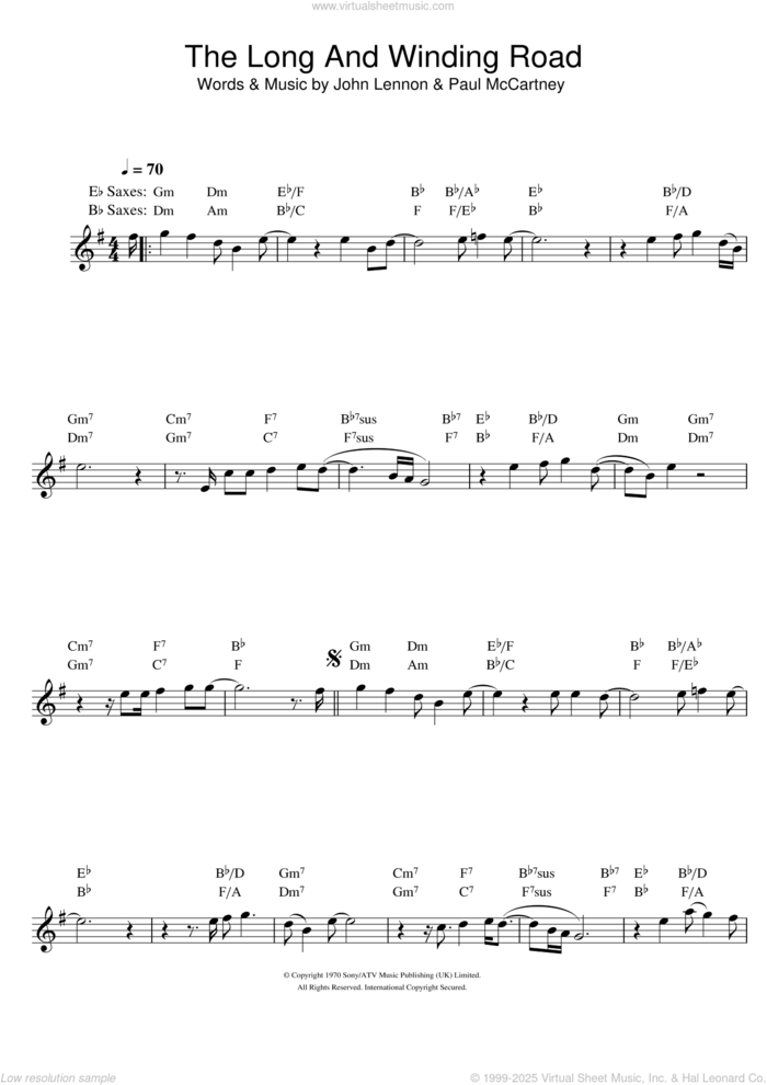 The Long And Winding Road sheet music for saxophone solo by The Beatles, Paul McCartney and John Lennon, intermediate skill level