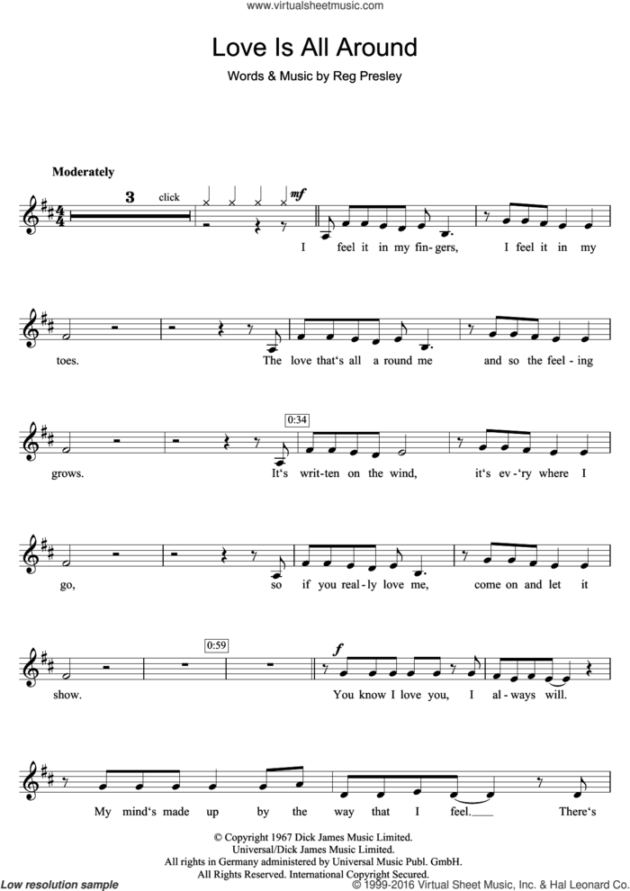 Love Is All Around sheet music for clarinet solo by Wet Wet Wet, The Troggs and Reg Presley, intermediate skill level