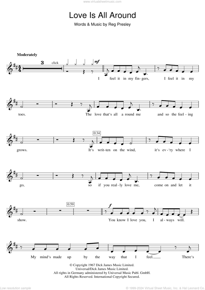 Love Is All Around sheet music for clarinet solo by Wet Wet Wet, The Troggs and Reg Presley, intermediate skill level