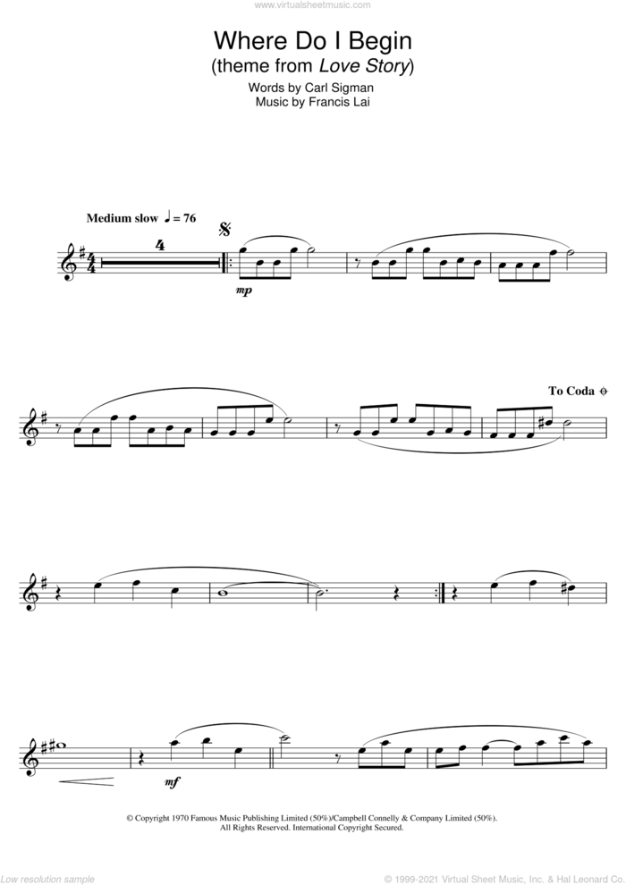 Where Do I Begin (theme from Love Story) sheet music for clarinet solo by Francis Lai and Carl Sigman, intermediate skill level