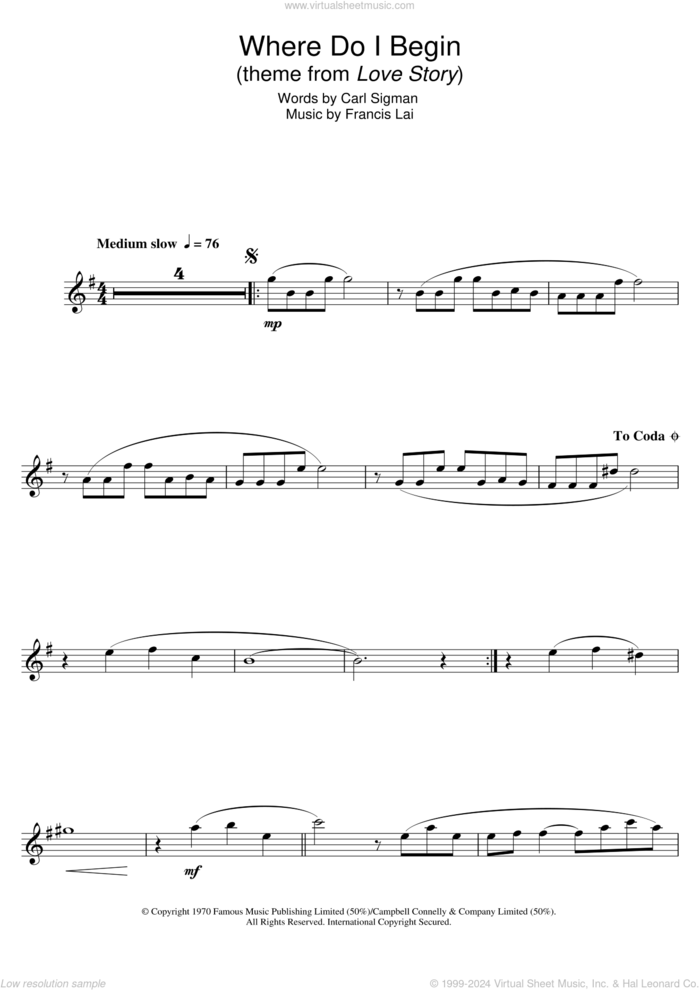 Where Do I Begin (theme from Love Story) sheet music for clarinet solo by Francis Lai and Carl Sigman, intermediate skill level